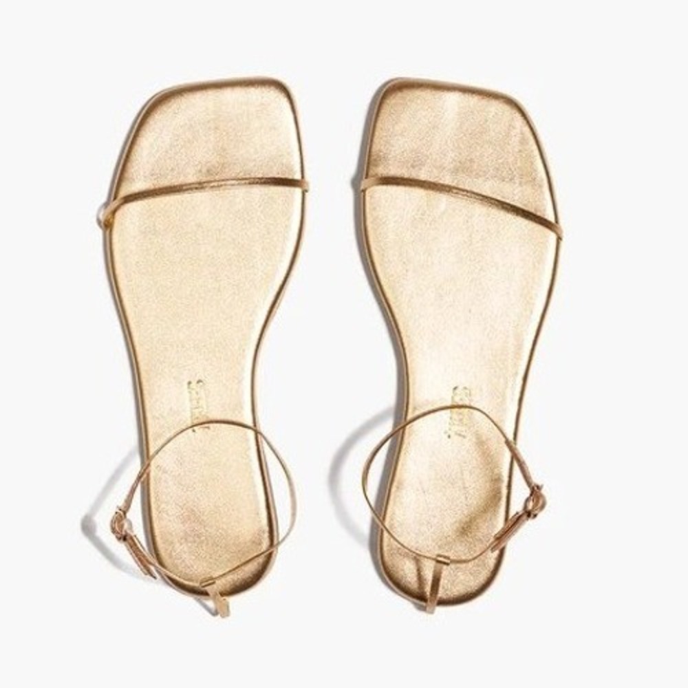 TKEES Square Toe Twiggy Sandals Women's 10 Gold Leather Ankle Strap Flat